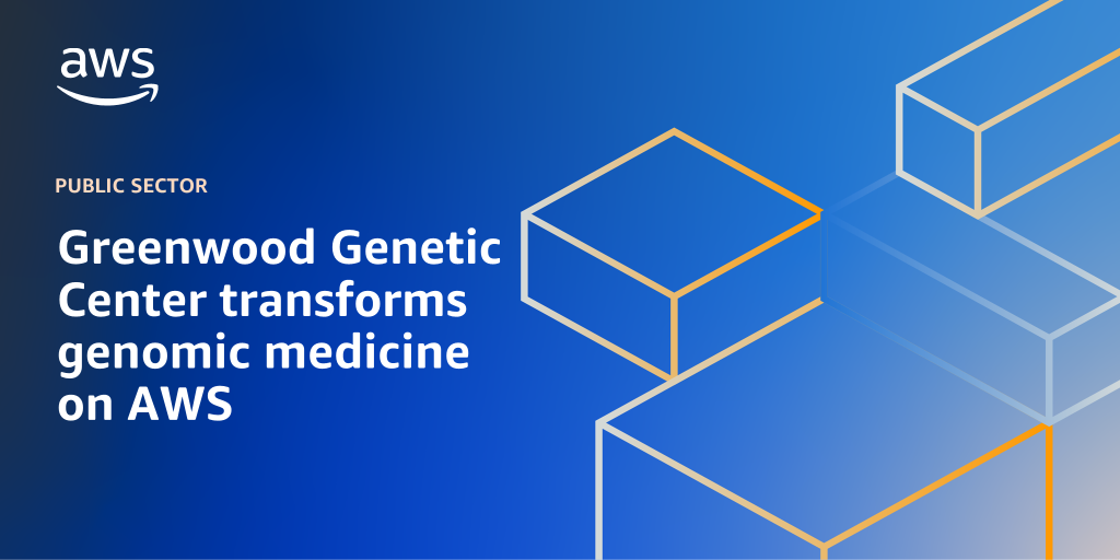 AWS Branded Background with text "Greenwood Genetic Center transforms genomic medicine on AWS"