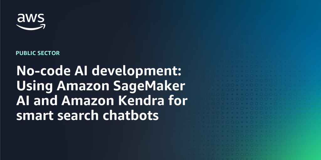 AWS Branded Background with text "No-code AI development: Using Amazon SageMaker AI and Amazon Kendra for smart search chatbots"