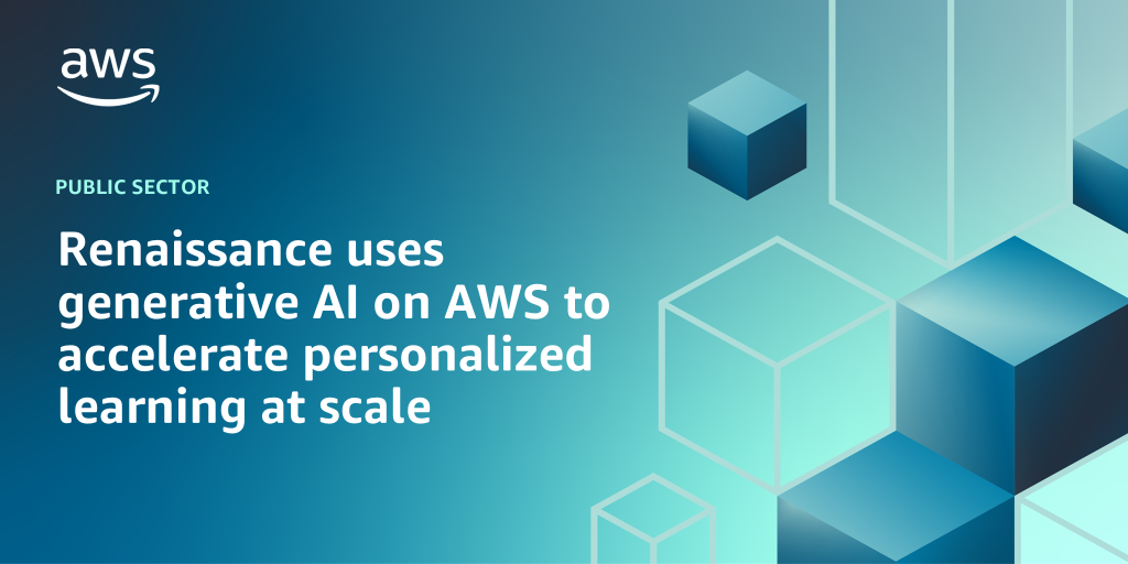 AWS Branded Background with text "Renaissance uses generative AI on AWS to accelerate personalized learning at scale"