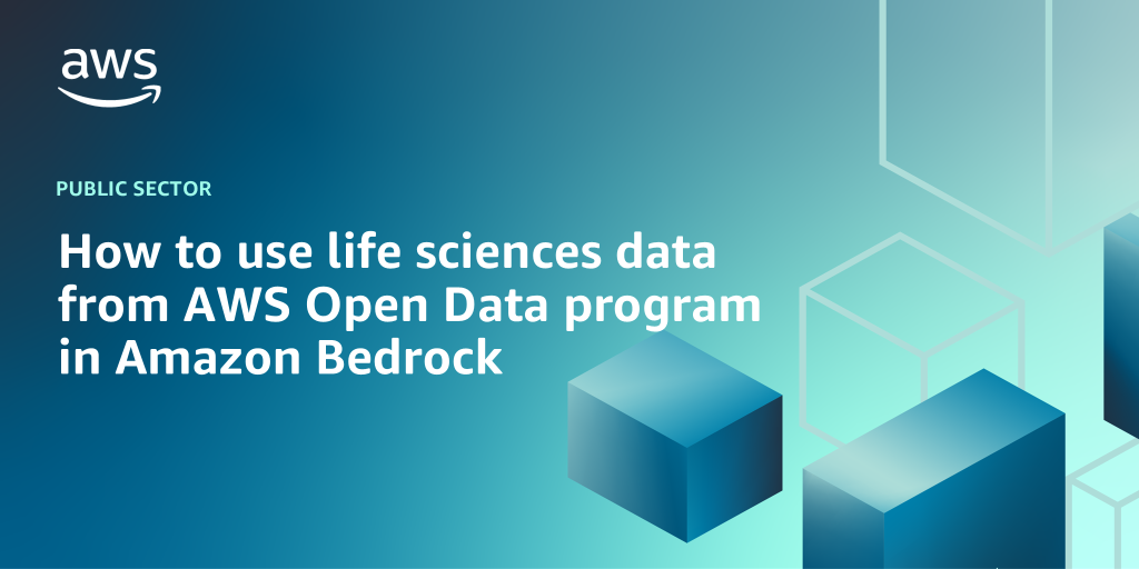 AWS Branded Background with text "How to use life sciences data from AWS Open Data program in Amazon Bedrock"