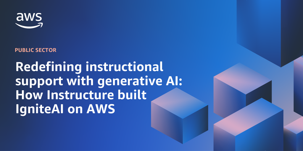 AWS Branded Background with text "Redefining instructional support with generative AI: How Instructure built IgniteAI on AWS"