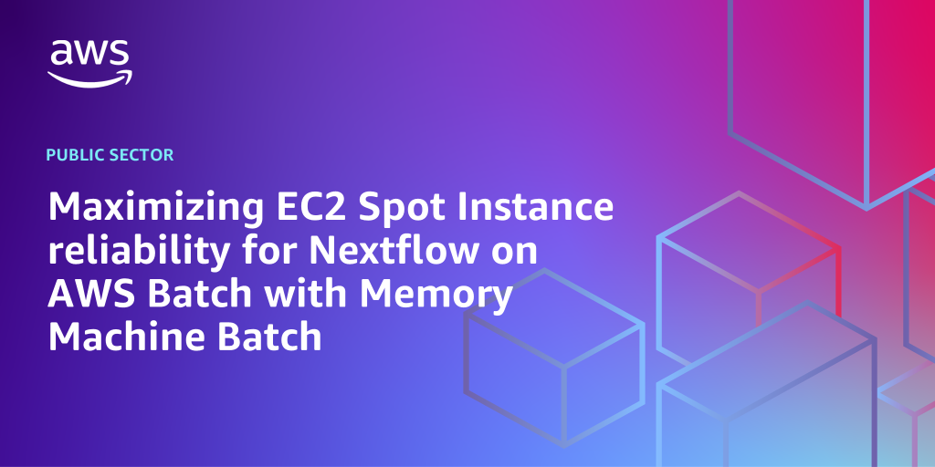 AWS branded background with text "Maximizing EC2 Spot Instance reliability for Nextflow on AWS Batch with Memory Machine Batch"