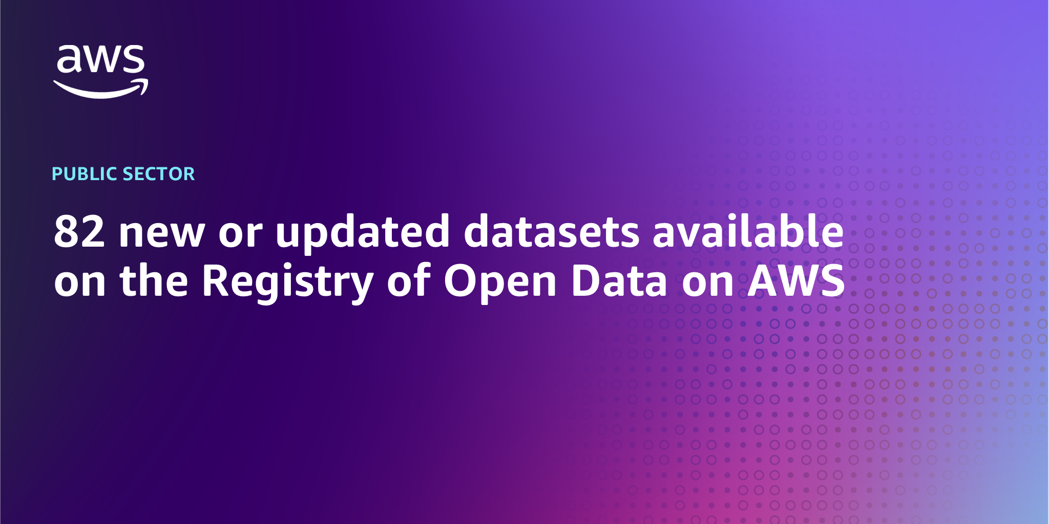 AWS branded background with text "82 new or updated datasets available on the Registry of Open Data on AWS"