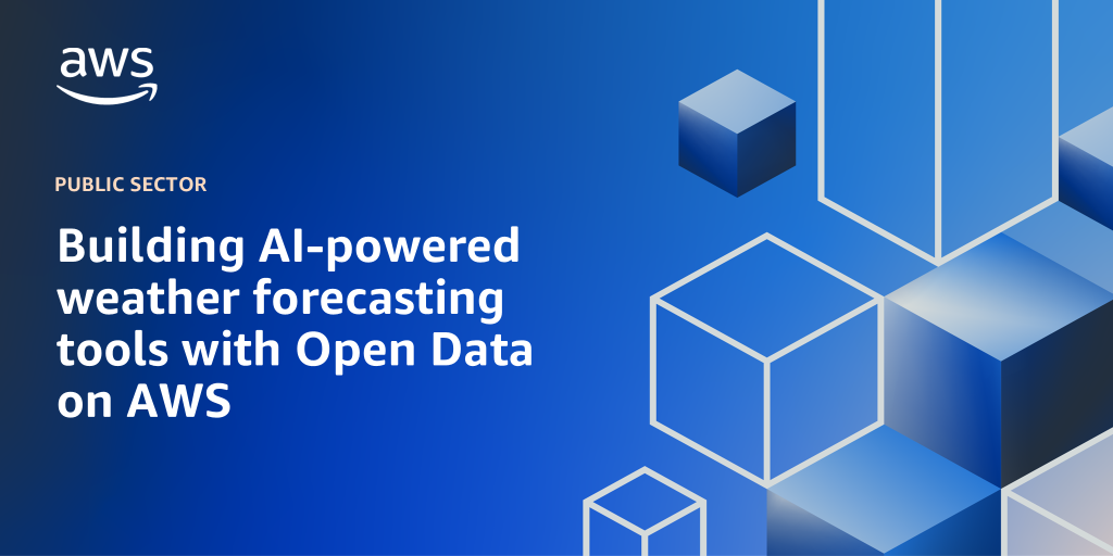 AWS branded background with text "Building AI-powered weather forecasting tools with Open Data on AWS"
