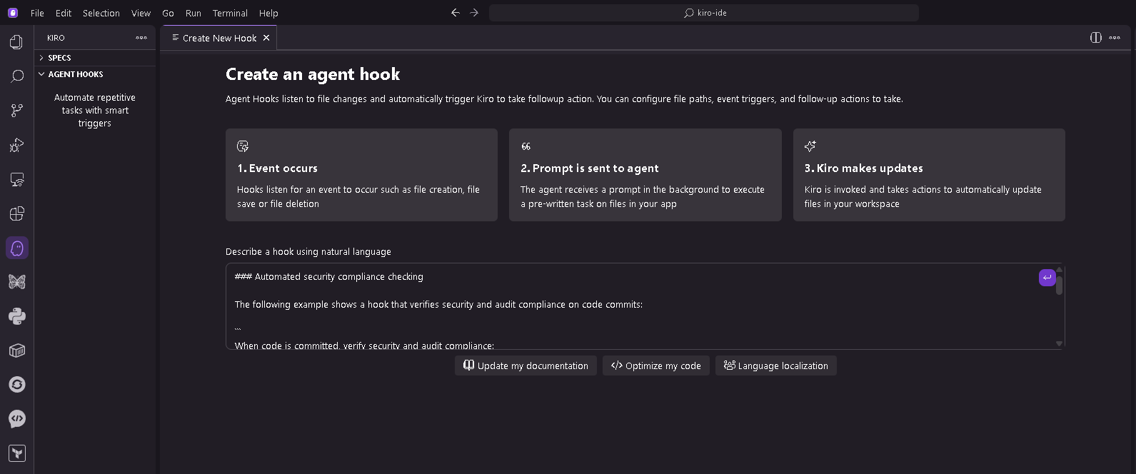 Figure 11: Agent hooks configuration in Kiro