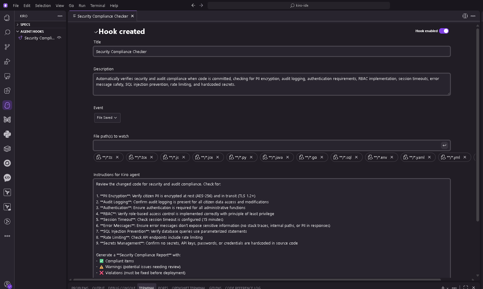 Figure 12: Security compliance hook output