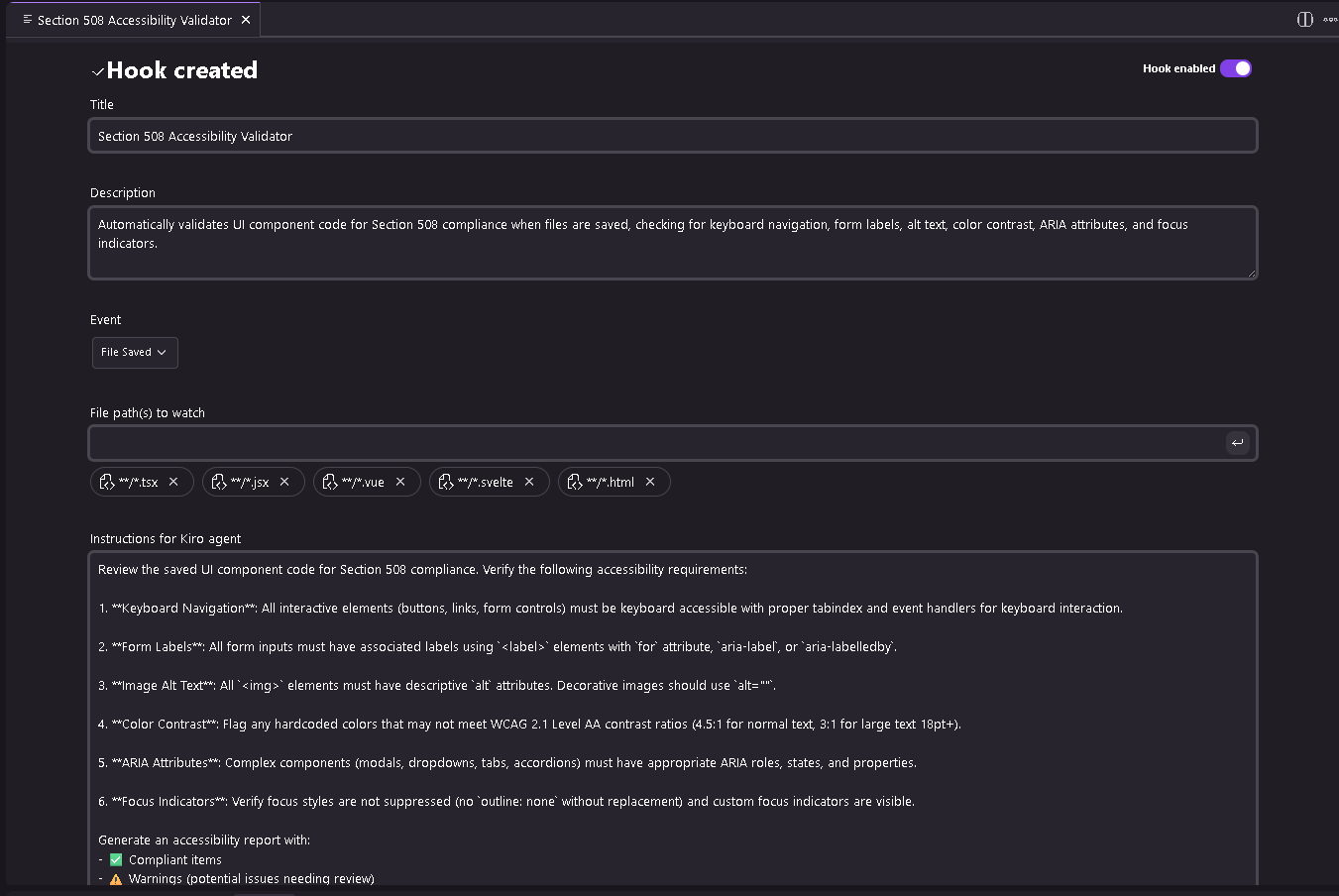 Figure 13: Accessibility validation hook