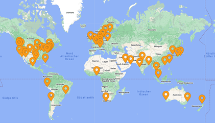 A world map of the AWS Local Zones and Regions that Innoactive utilizes.