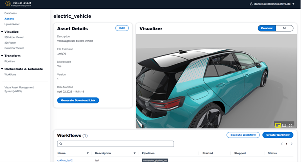 An electric vehicle 3D asset shown in the GUI of VAMS