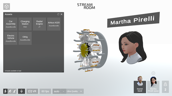 A screenshot of the Unity-based StreamRoom AI application which displays a radial engine model in JT format as well as another meeting participant