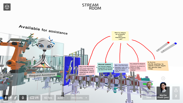 Paula, the ChatGPT-based AI assistant in the StreamRoom AI application, presents ideas written on meeting notes to the meeting participants. In the background, a industrial robotic cell is shown.