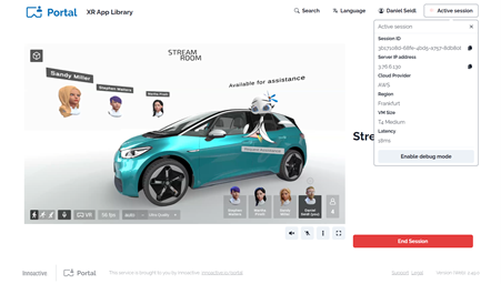 Innoactive XR streaming website showing the rendered StreamRoom AI application in a collaborative car design review session. In the center there is a electric vehicle, surrounded by meeting participants and a AI assistant