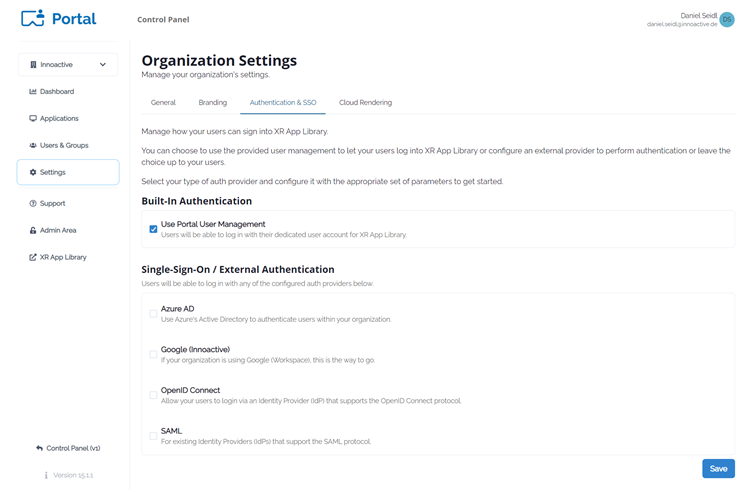Innoactive Portal Single-Sign-On configuration screen with option to activate and set-up SSO with Azure AD, Google, OpenID Connect and SAML