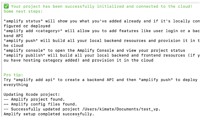 amplify init success message