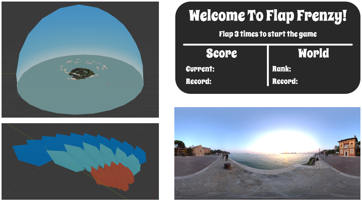 An image of the game assets used in Flap Frenzy including the environment model, the player wing model, the leaderboard background image, and the sky box image.
