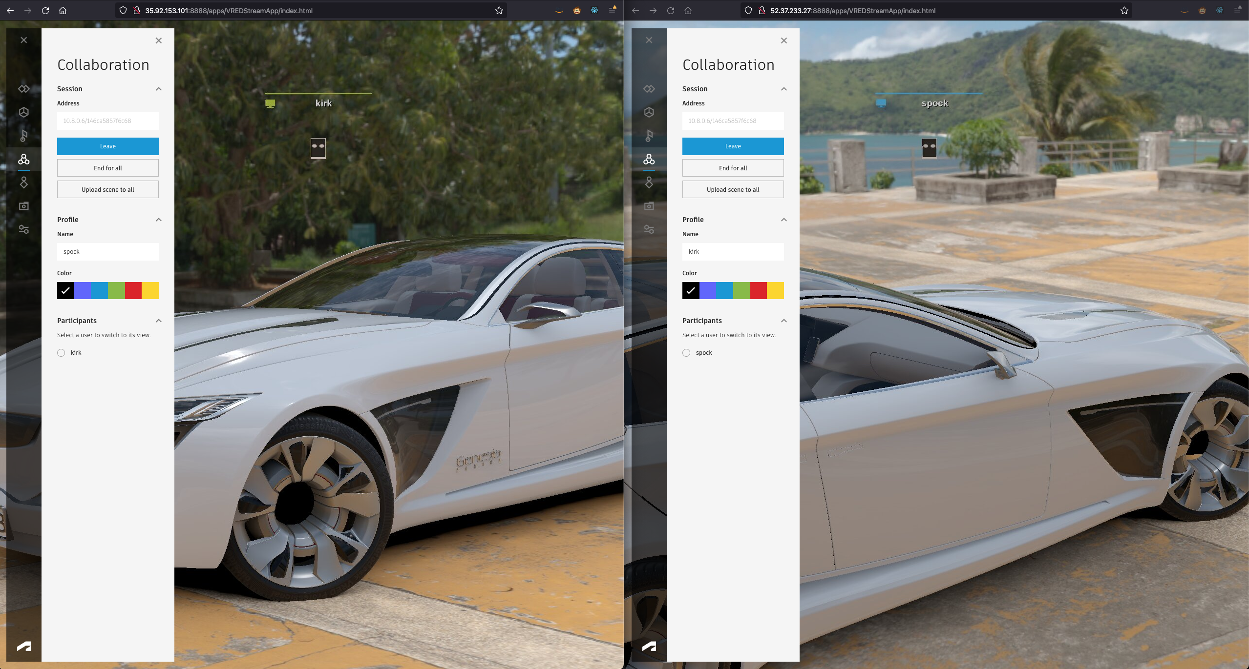 A screenshot of a VRED collaboration session showing VRED UI and a rendered silver sports car