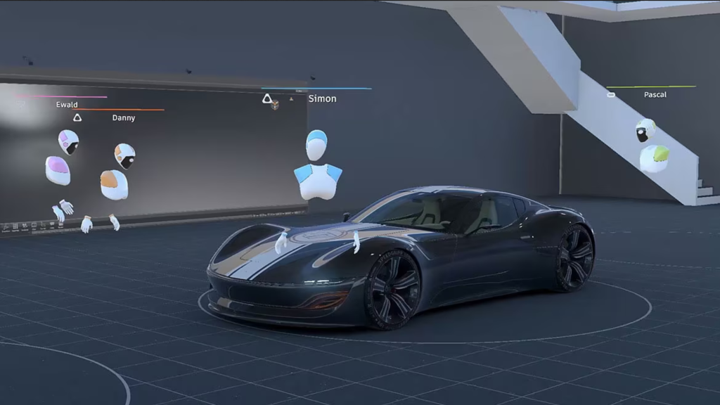 An image of a 3D car with 3D avatars of designers collaborating around the 3D car