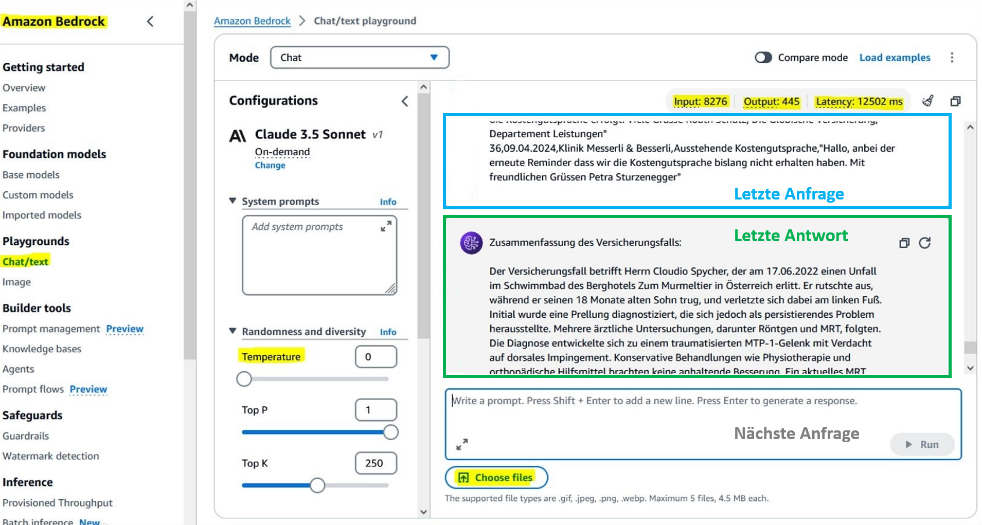 Ansicht der letzten Anfrage und Antwort in Amazon Bedrock