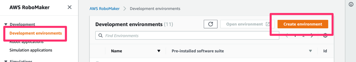 AWS RoboMaker console – create development environment (1)