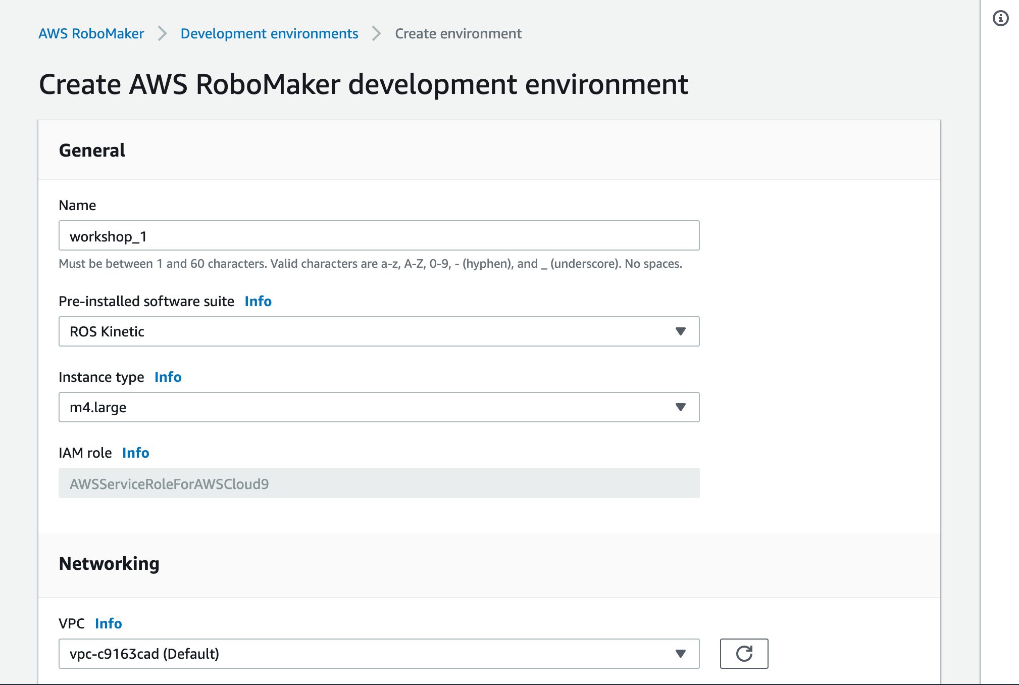 AWS RoboMaker console – create development environment (2)
