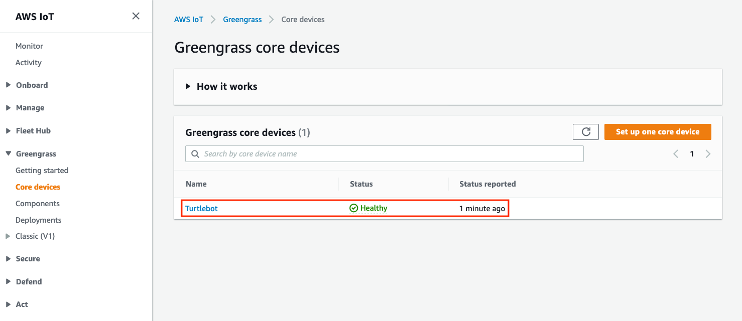 Photo showing the Turtlebot connected to Greengrass
