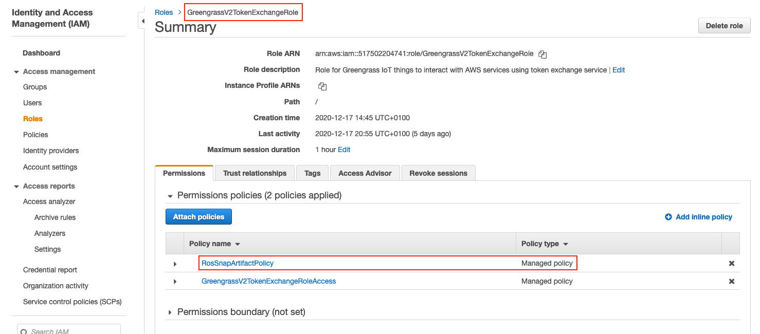 Photo depicting the Amazon S3 access policy associated with the robot’s AWS IoT Greengrass role in IAM