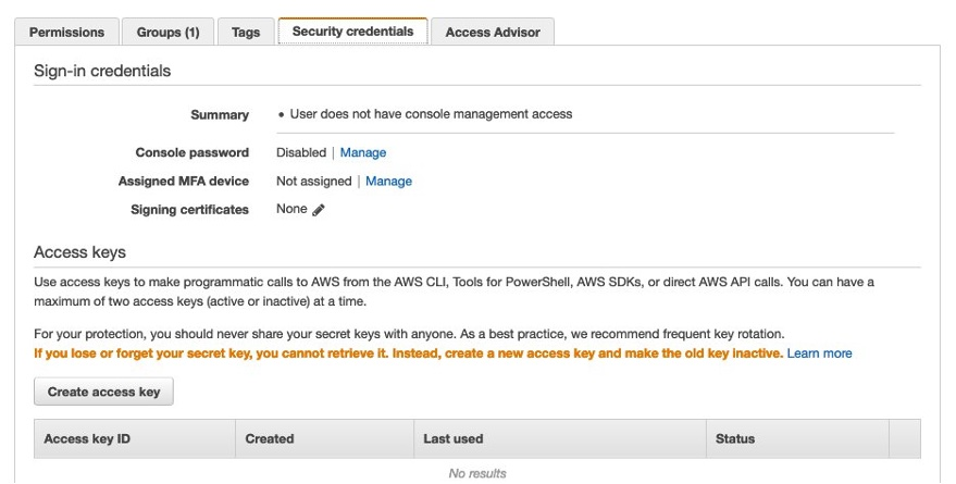 AWS Console showing the security credentials tab.