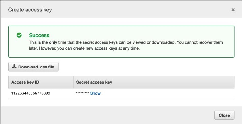 AWS Console showing the access key for download.
