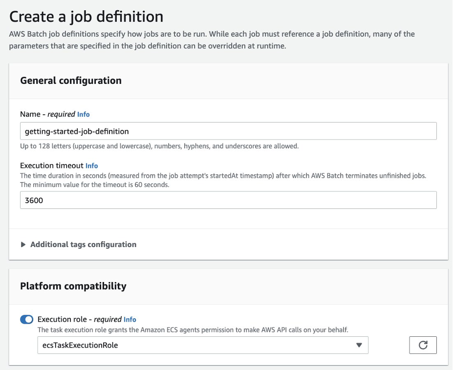 Console screenshot creating a job definition.