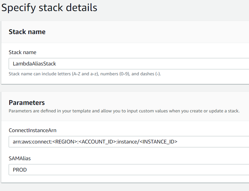 An example of what the Parameters section of the Cloudformation Stack might be