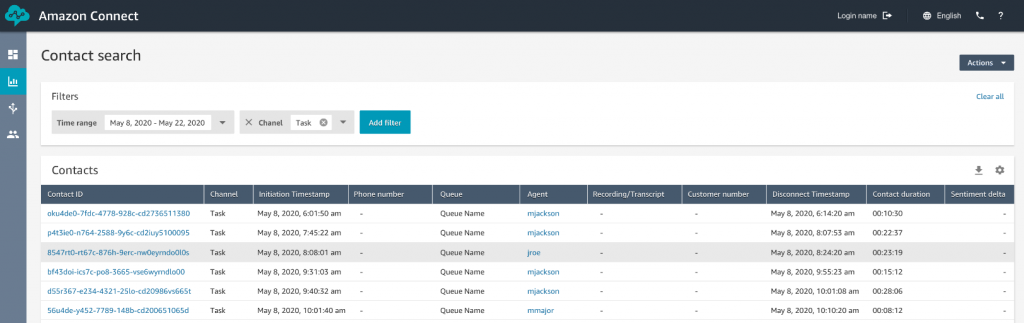 Tasks search experience using contact search in Amazon Connect