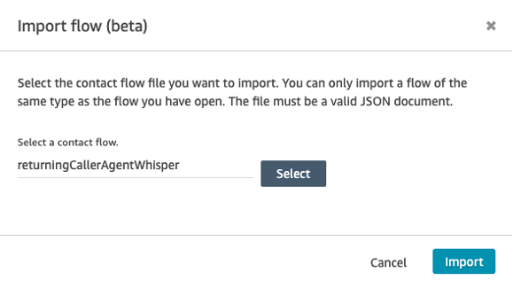 Screenshot of the Amazon Connect import flow file selection window.