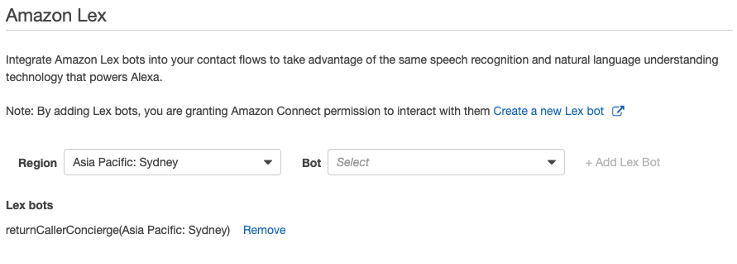 Screenshot of the AWS Console view for associating an Amazon Lex bot with an Amazon Connect instance. 