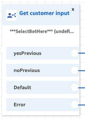 Screenshot of the Amazon Connect get customer input block indicating that the Amazon Lex bot needs to be selected.