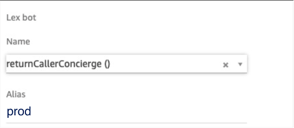 Screenshot of the Amazon Connect get customer input block indicating the returnCallerConcierge bot has been selected with an alias of "Prod".