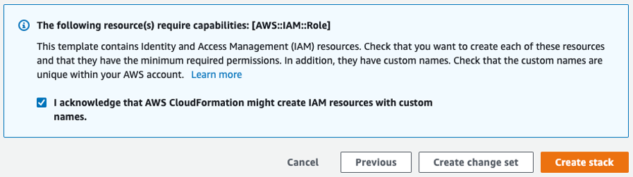 Screen shot of AWS Cloudformation launch stack page. This is specifically showing the acknowledgement checkbox that IAM resources will be created and modified.