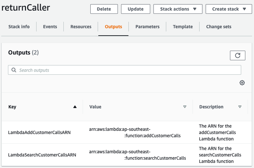 Screenshot of the AWS Cloudformation stack outputs tab for the launched stack.