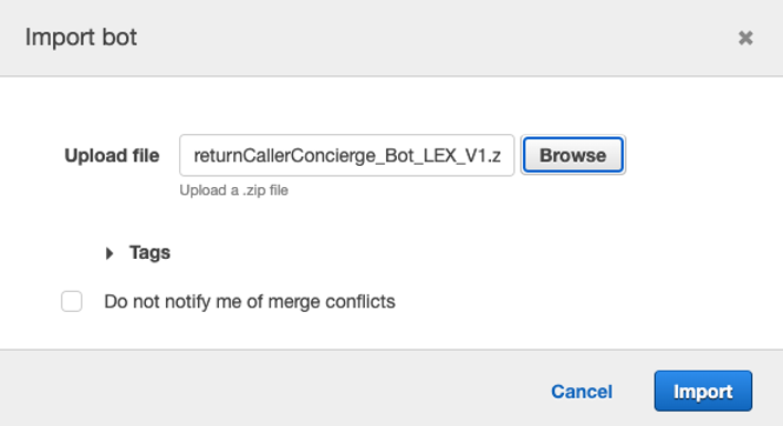 Screenshot of the Amazon Lex Import Bot window.