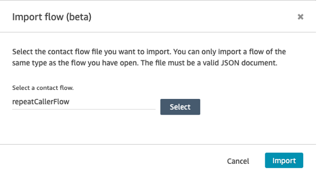Screenshot of the Amazon Connect import flow file selection window.