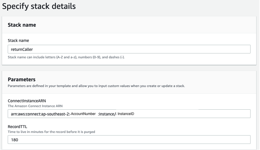 Screenshot of the AWS Cloudformation launch stack page. The is showing the stack name and parameters to be completed.