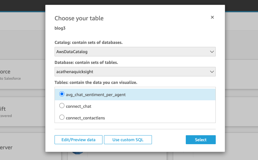 Screenshot for Pop up to choose database and the table from the dropdown and select button