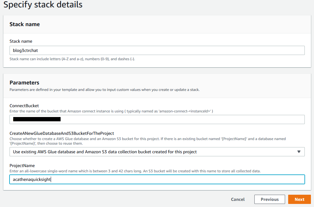 Screen shot of cloud formation template for input parameters. 1. Stack name 2. Connect Bucket 3. Create a new Glue Database and S3 bucket for the this project from the drop down 4. Project name