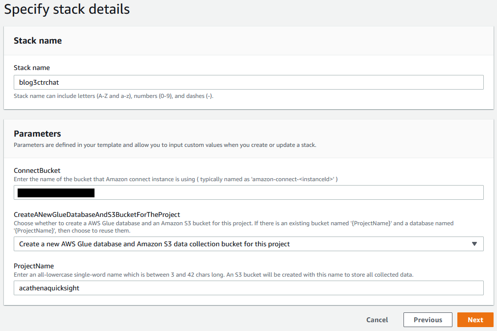Screen shot of cloud formation template for input parameters. 1. Stack name 2. Connect Bucket 3. Create a new Glue Database and S3 bucket for the this project from the drop down 4. Project name
