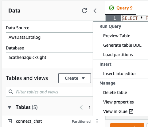 Screenshot showing how to preview Connect_Chat table options with Preview table option