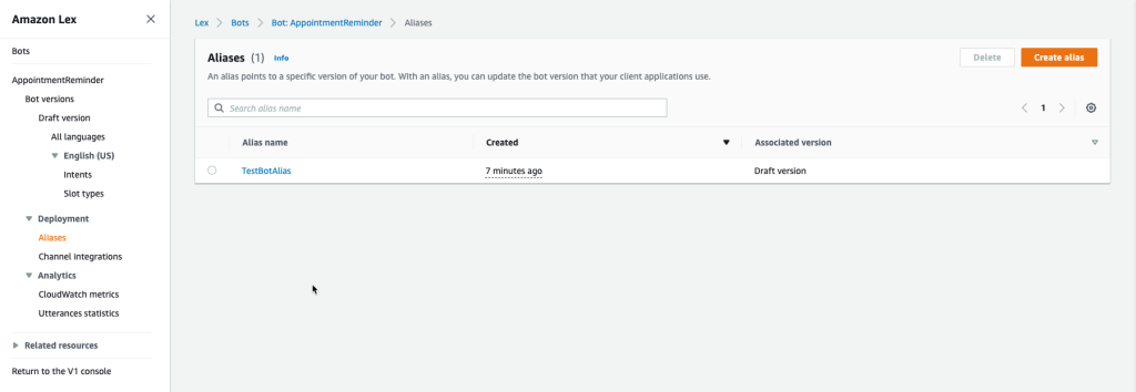 Lex bot Aliases List View