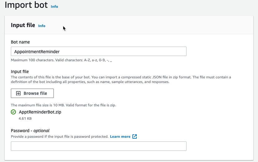 Lex bot Import screen