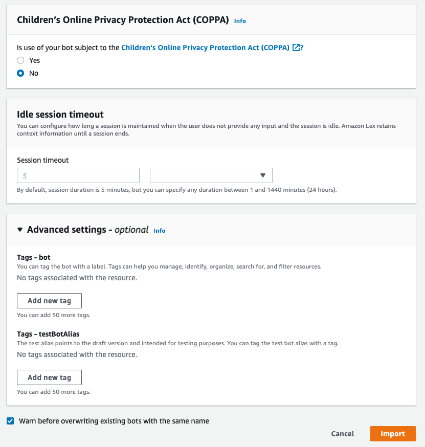 Lex bot import screen