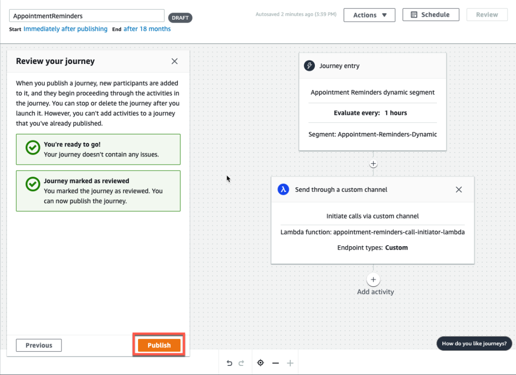 Amazon Pinpoint Journey publish