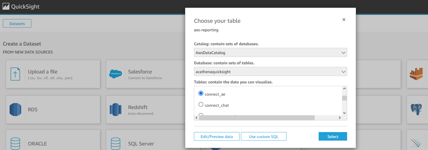 QuickSight screen shot to select table