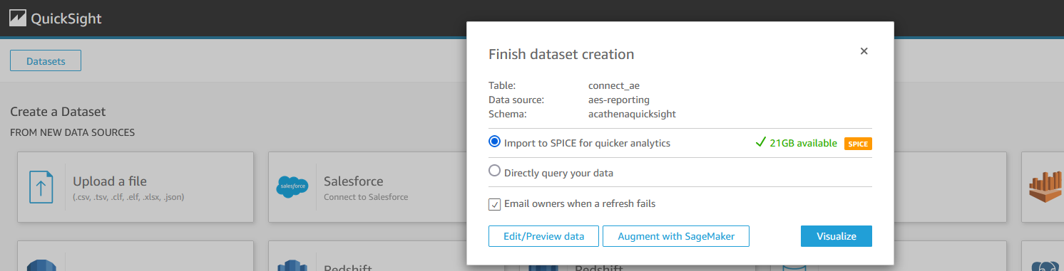 QuickSight screen shot to confirm the SPICE storage